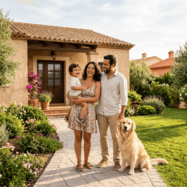 Familia española feliz con su golden retriever frente a su nueva casa