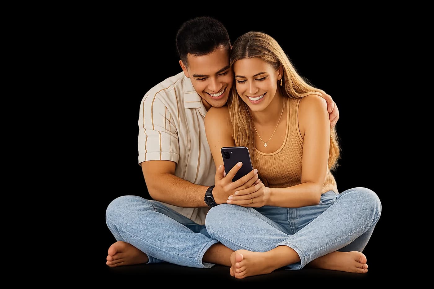 Pareja feliz buscando vivienda en el móvil